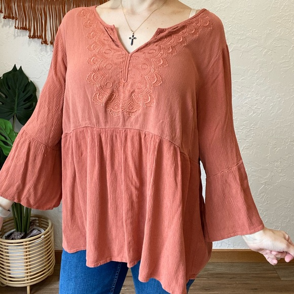 torrid Tops - Torrid Embroidered Long Sleeve Top Burnt Orange 2X